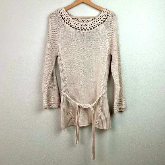Spiegel Vtg Beige Crochet Neck Belted Tunic Sweater Women's Medium Boho Coastal - Picture 1 of 9